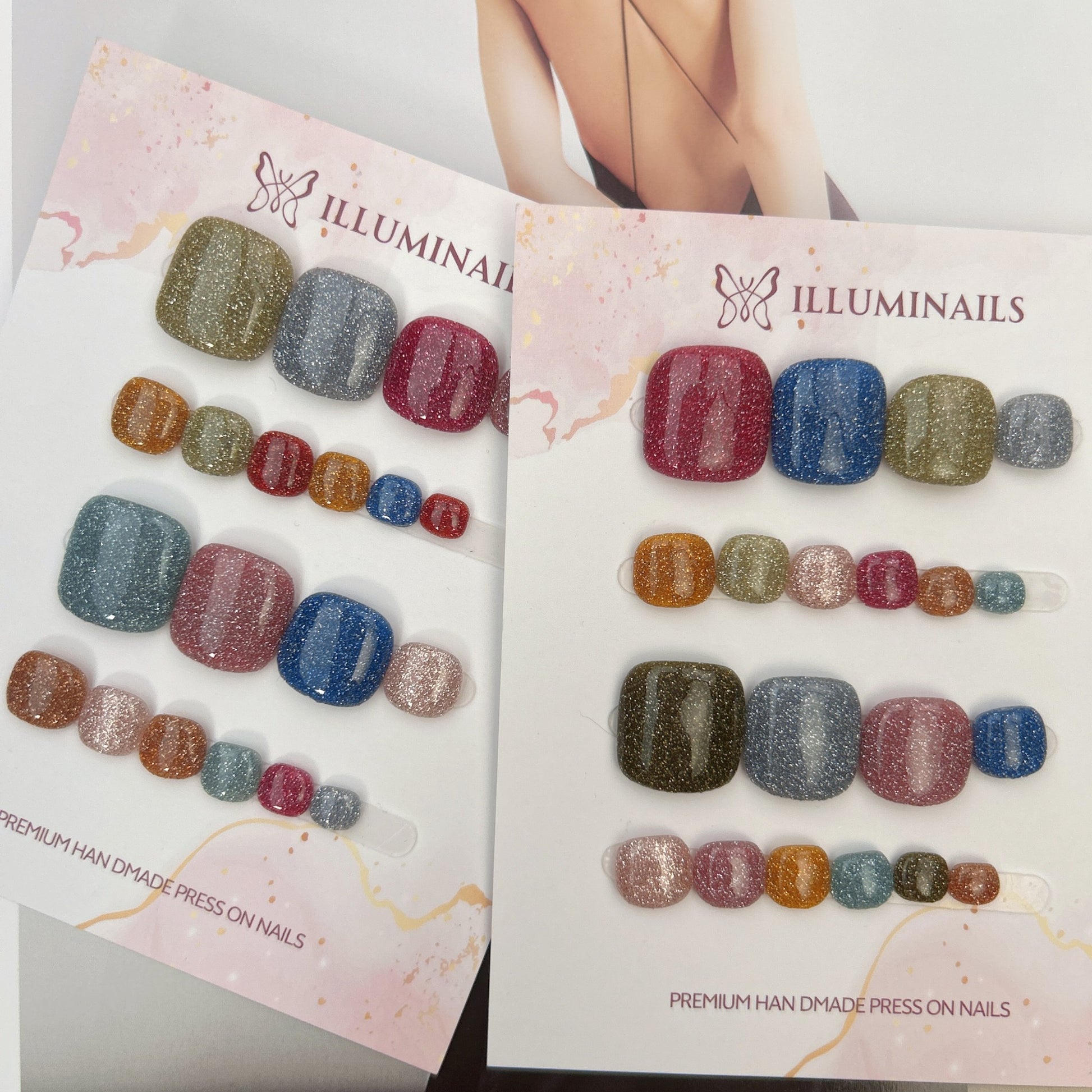 Candy Sparkle press-on toenails in Design 1 and Design 2, multicolour glitter pedicure sets