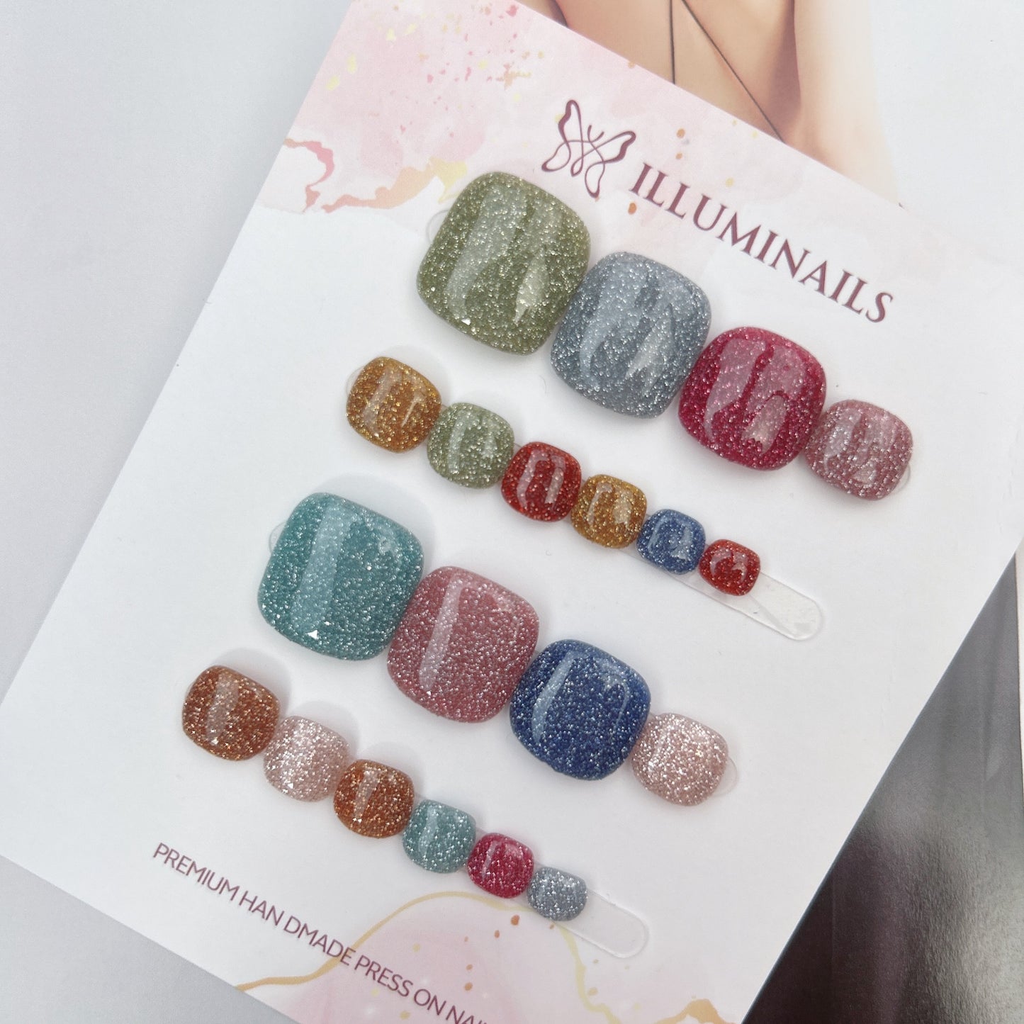 Candy Sparkle press-on toenails Design 1 with multicolour fine glitter finish