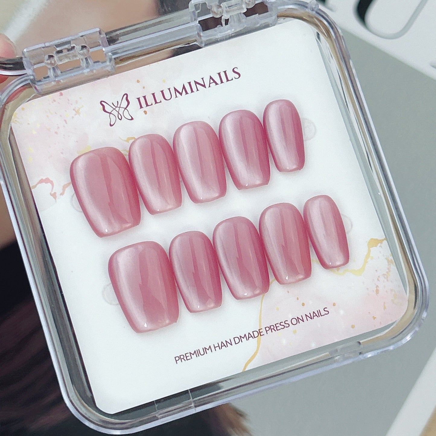 Pink Lady rose pink cat eye press-on nails in Medium Square shape