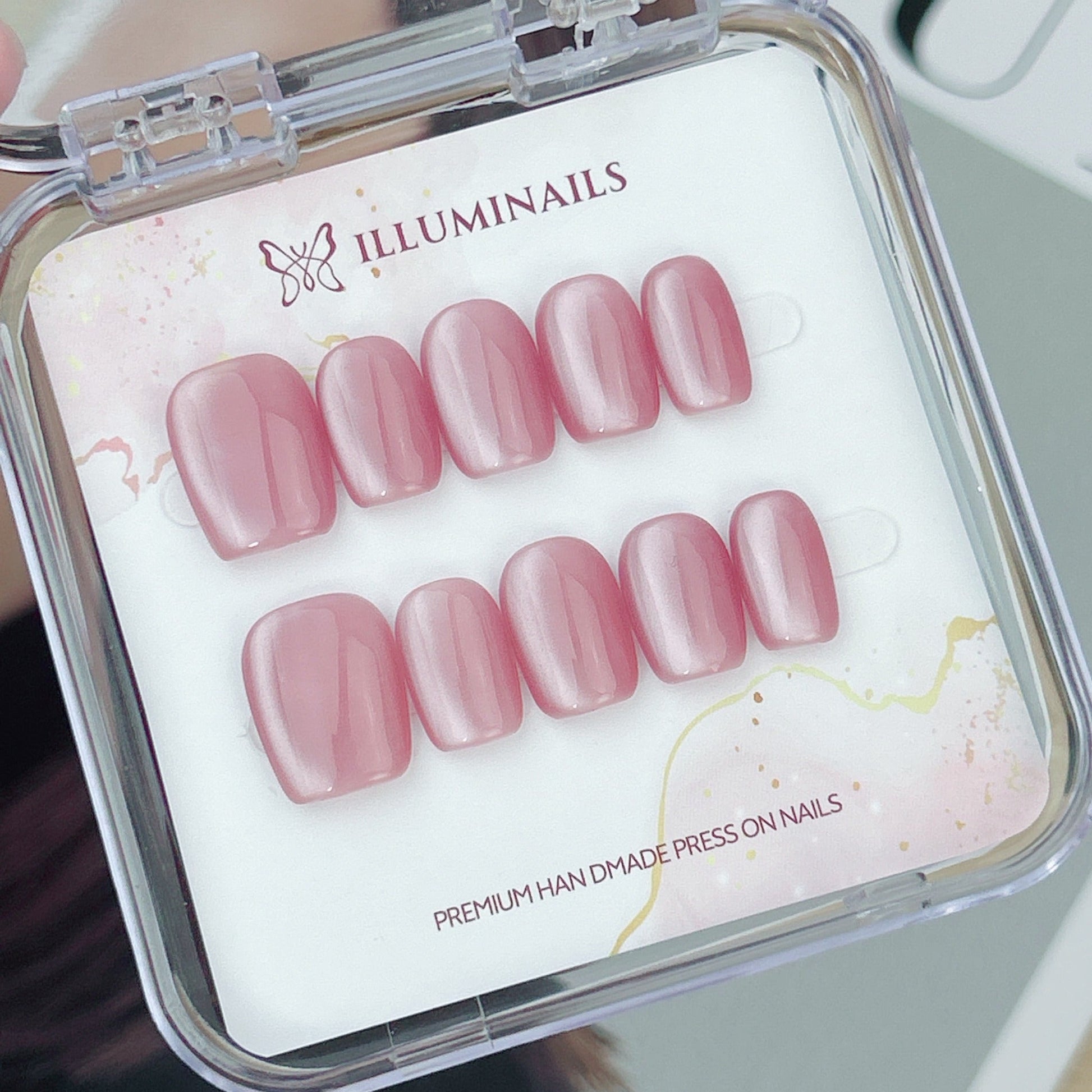 Pink Lady rose pink cat eye press-on nails in Short Square shape