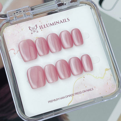 Pink Lady rose pink cat eye press-on nails in Short Square shape
