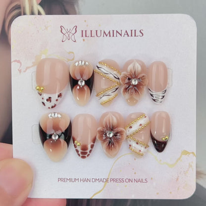 Mocha Muse 3D floral short almond press-on nails video