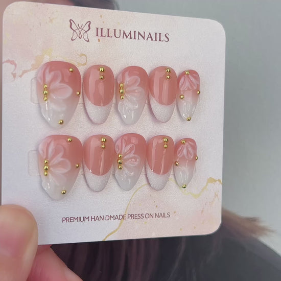Coral Petals coral peach floral short almond press-on nails video