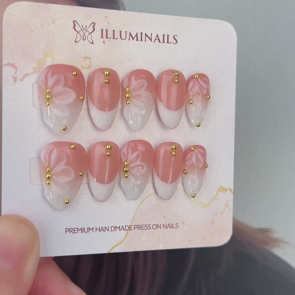 Coral Petals coral peach floral short almond press-on nails video