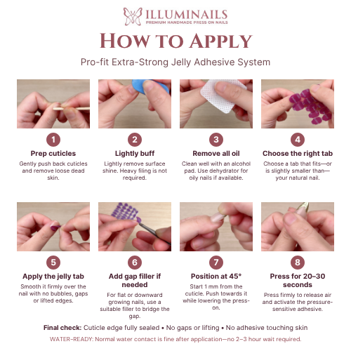 Eight-step application guide for IllumiNails Pro-Fit Extra-Strong Adhesive Tabs
