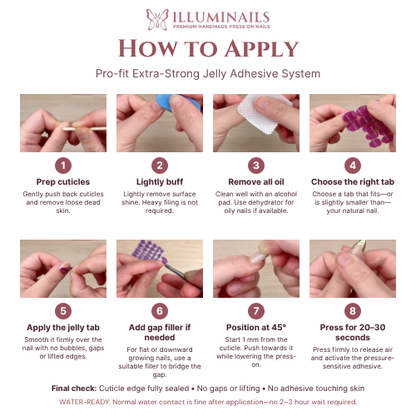 Eight-step application guide for IllumiNails Pro-Fit Extra-Strong Adhesive Tabs