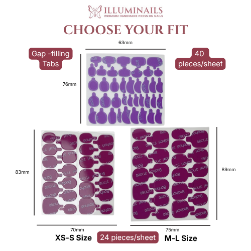 Pro-Fit adhesive tab size guide showing adult XS-S and M-L tabs plus gap-filling tabs