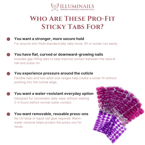 Who Pro-Fit Extra-Strong Adhesive Tabs are designed for, including flat, curved and oily nail beds