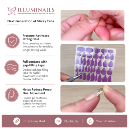 Pressure-activated Pro-Fit adhesive tabs with flexible fit, gap-filling support and water-resistant wear